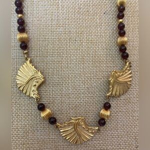 Winterthur Museum Necklace‎ with Beads and Gold Tone Plumes Design Vintage